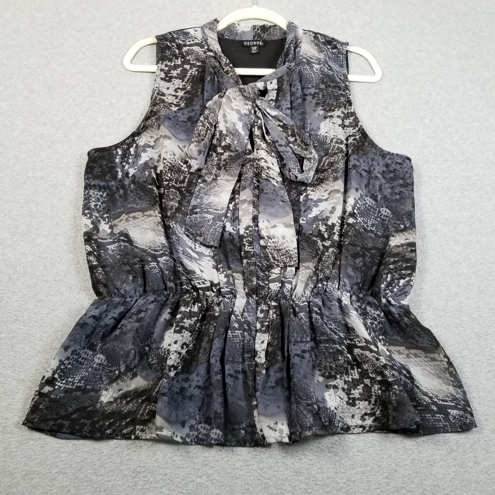 George Peplum Top Womens XL Grey Snake Print Sleeveless Blouse Neck Tie Career